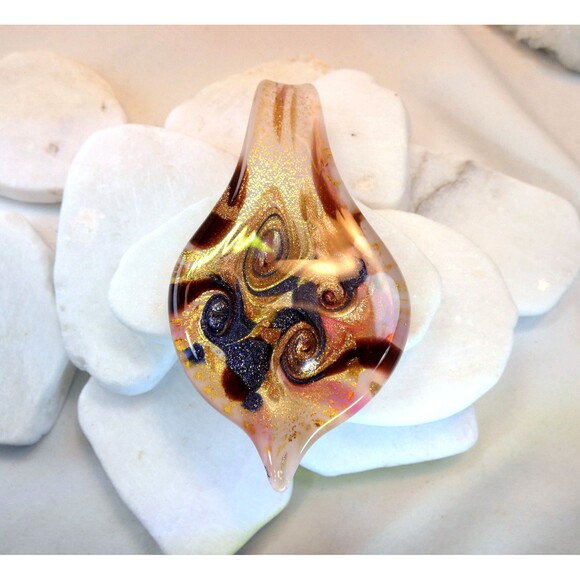 LRG Murano Hand Blown Glass Pendant Copper Gold Indigo Brown Champagne - Picture 2 of 7